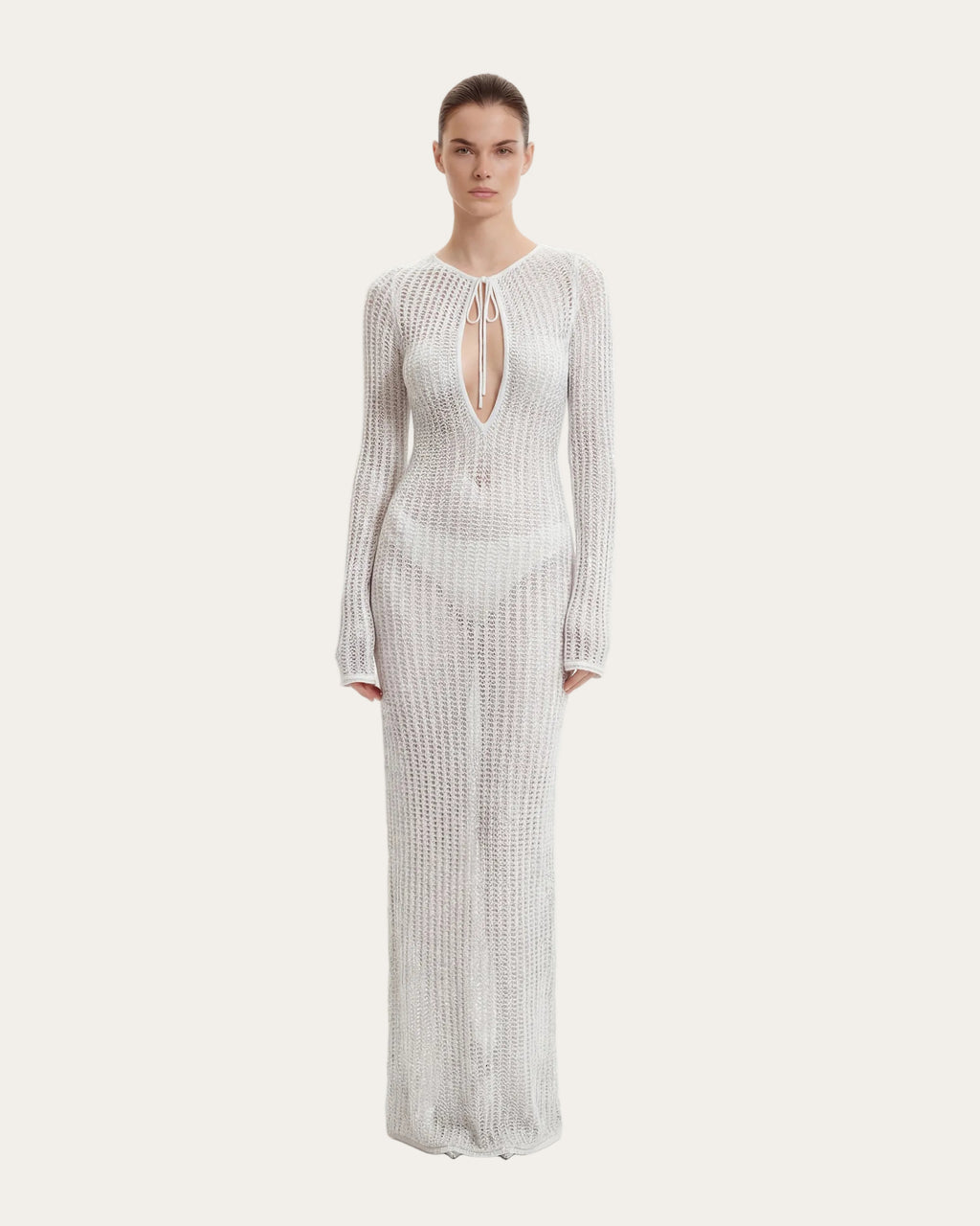 Lumina™ | Metallic Maxi-Kleid in Weiß mit Bindefront & Keyhole-Detail