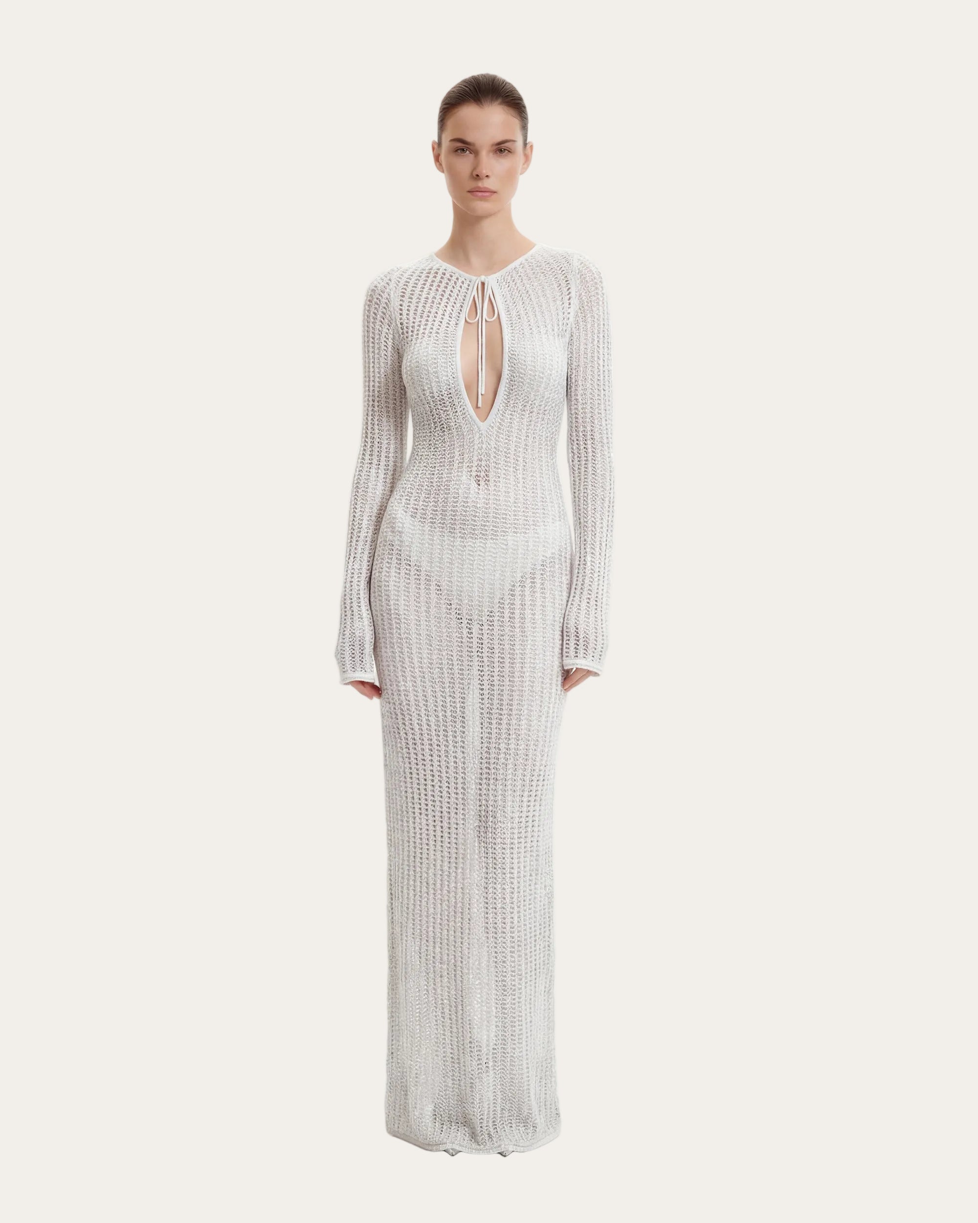 Lumina™ | Metallic Maxi-Kleid in Weiß mit Bindefront & Keyhole-Detail