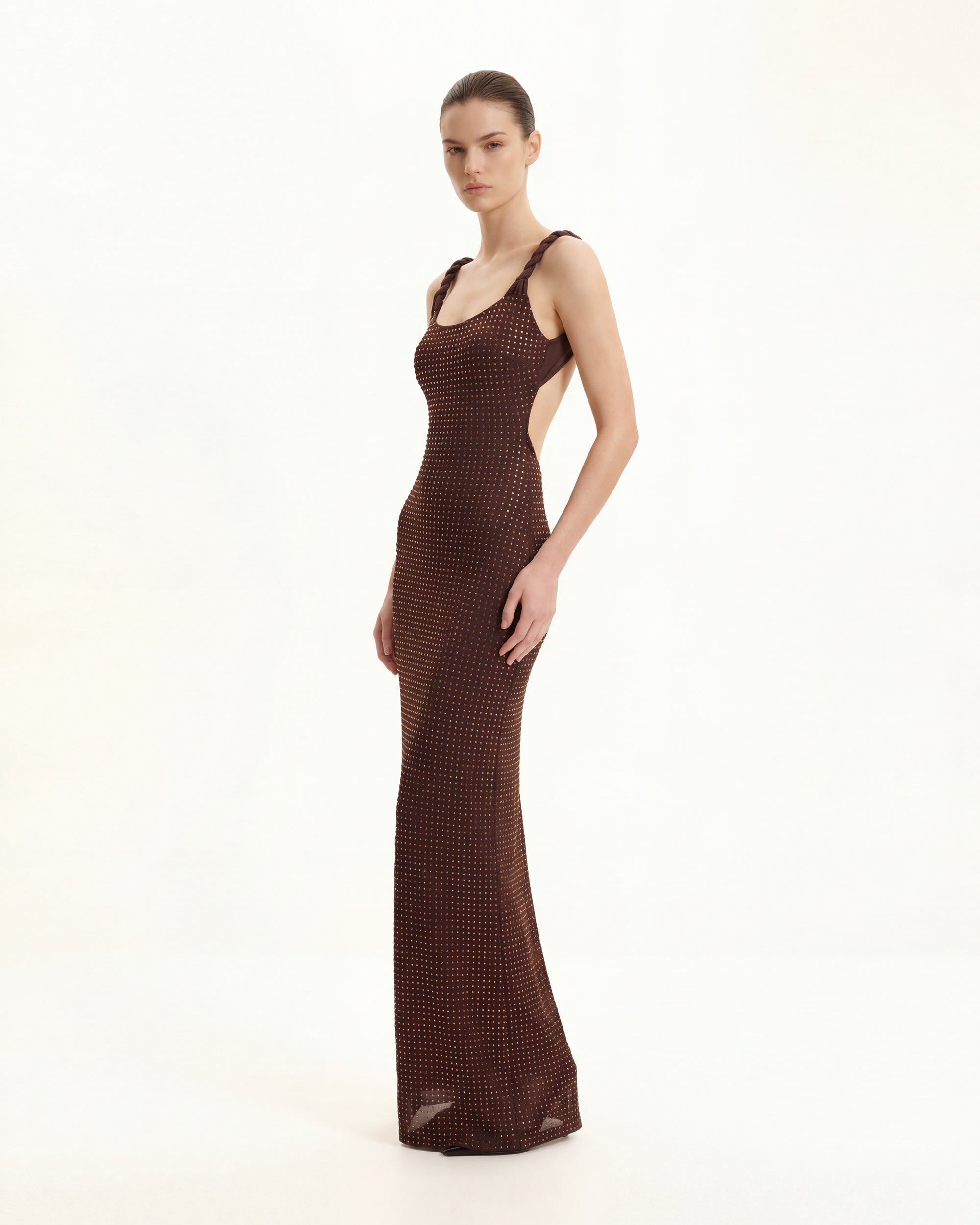Rhinestone Twisted-Strap Open-Back Maxi Dress - Brown