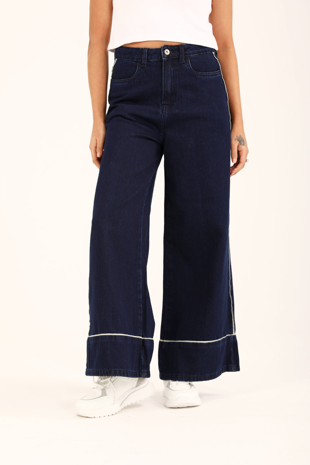 Urban Ease™ | High-Waist Wide-Leg Jeans mit Kontrastsaum in Dunkelblau
