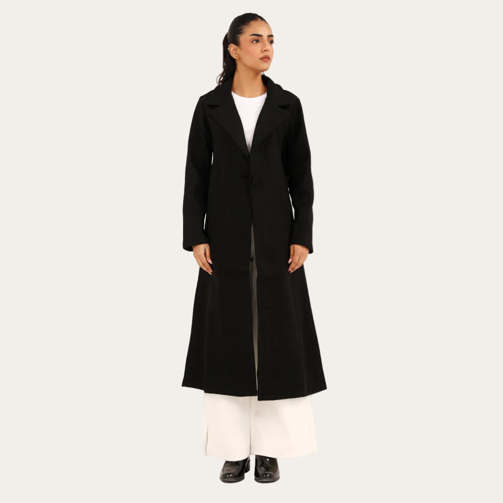 Noctara™ | Langer Damenmantel in Schwarz mit Ein-Knopf-Design