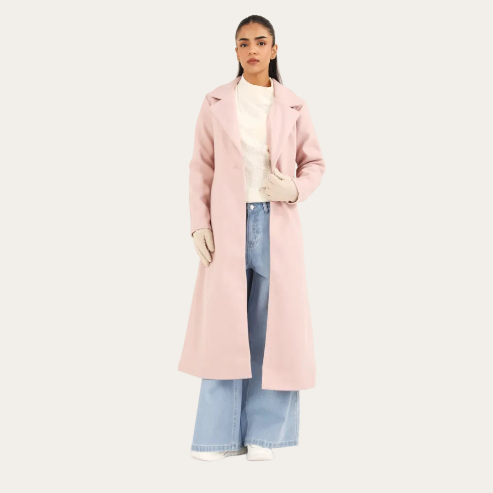 Roséline™ | Langer Damenmantel in Rosa mit Ein-Knopf-Design