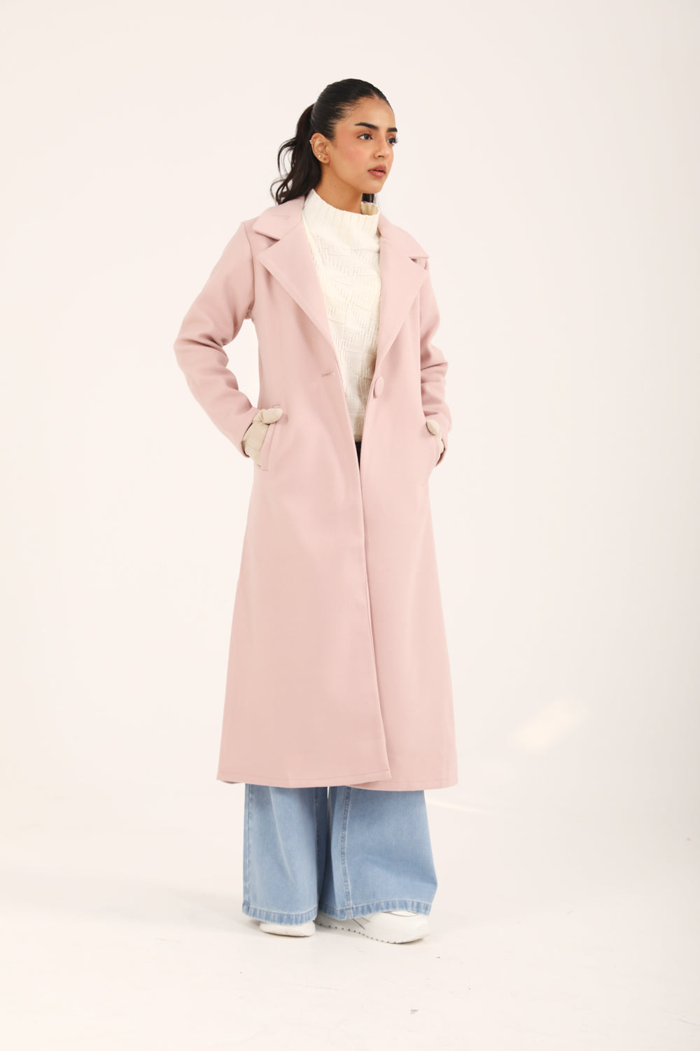 Roséline™ | Langer Damenmantel in Rosa mit Ein-Knopf-Design