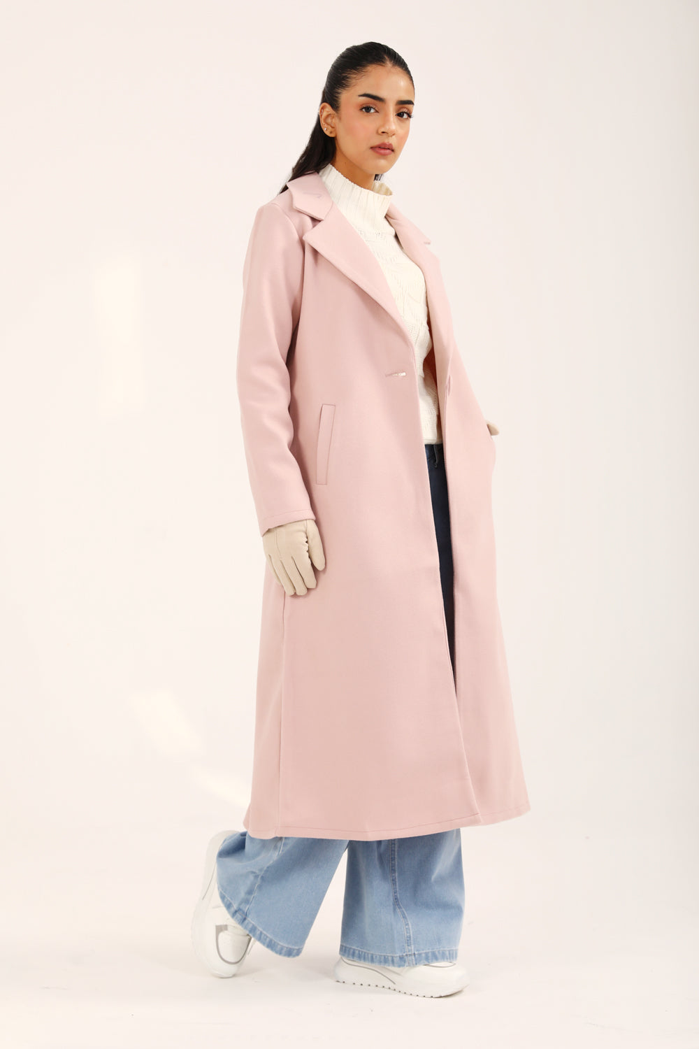 Roséline™ | Langer Damenmantel in Rosa mit Ein-Knopf-Design