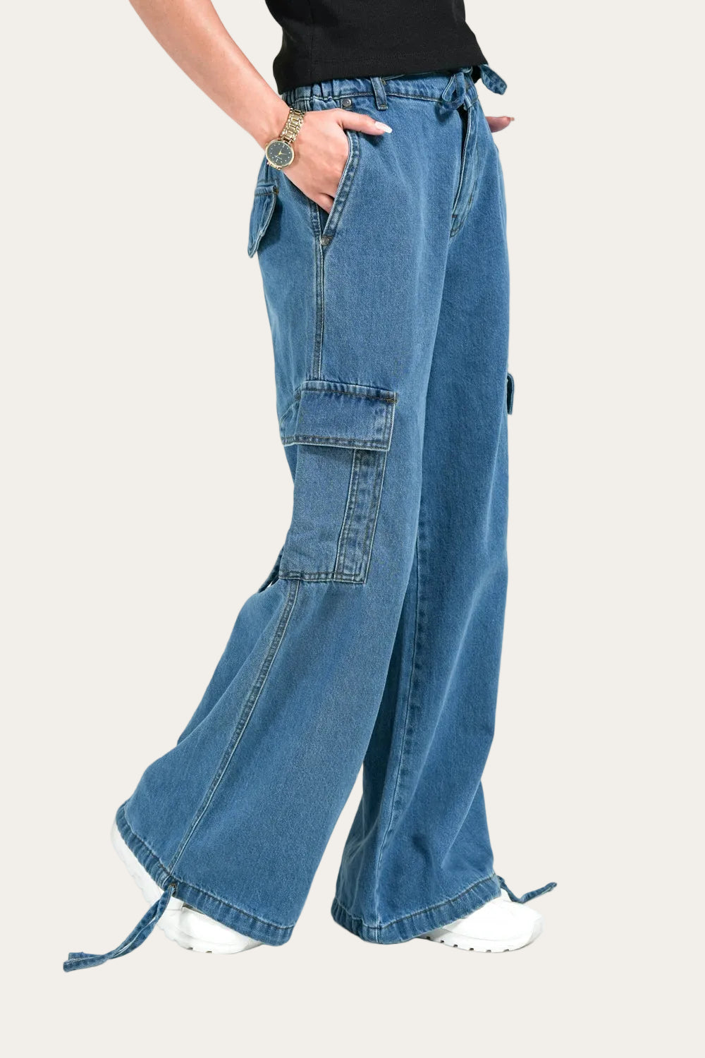 Urban Cargo™ | High-Waist Wide-Leg Jeans mit Taschen in Blue Denim