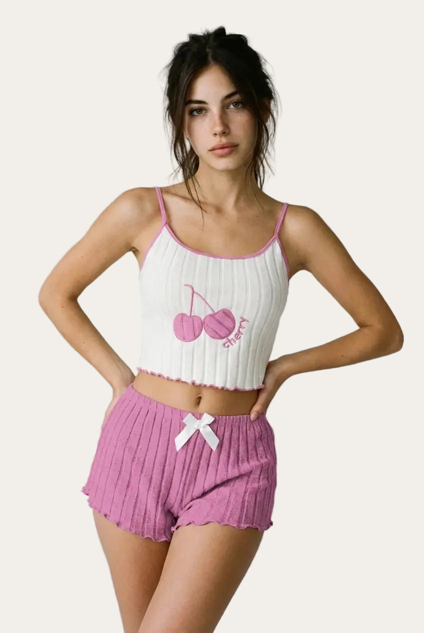Big Cherry™ | Geripptes Pyjama-Set in Rosa
