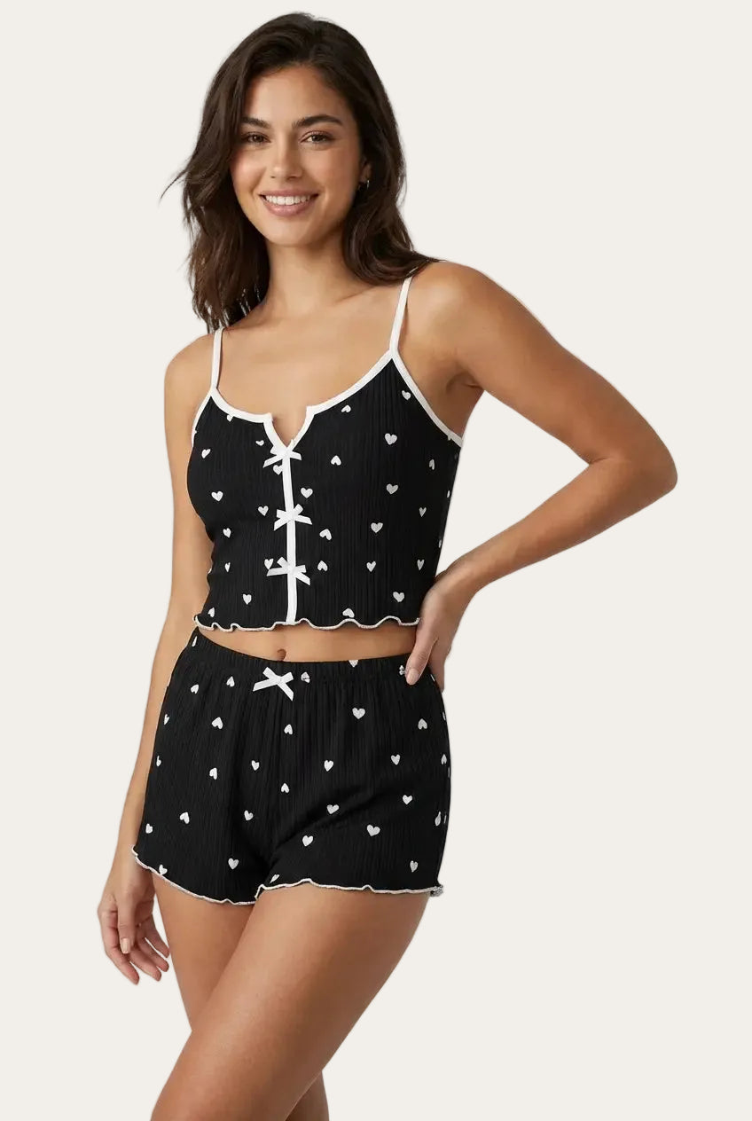 Geripptes Cami-Pyjama-Set | Schwarz mit Herzen