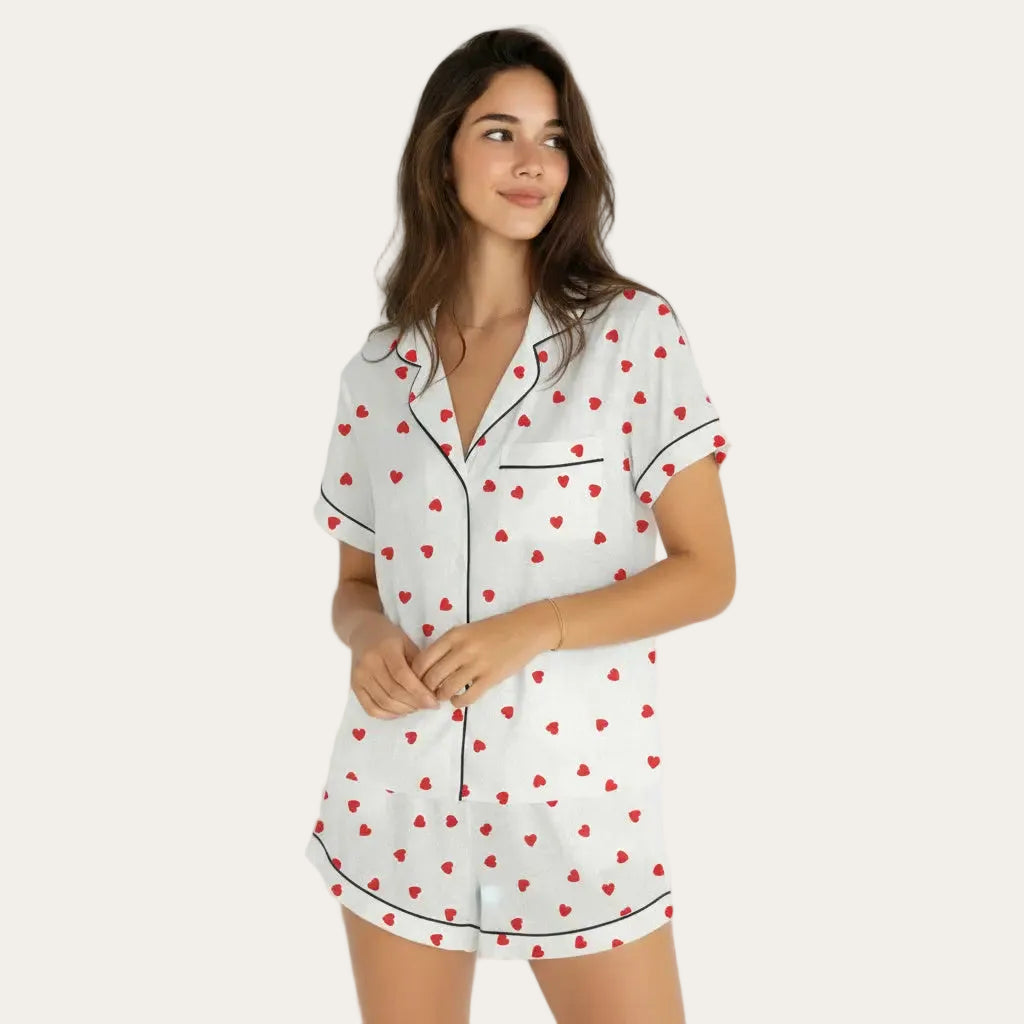 Kurzarm-Pyjama-Set™ | Weiss mit Herzen