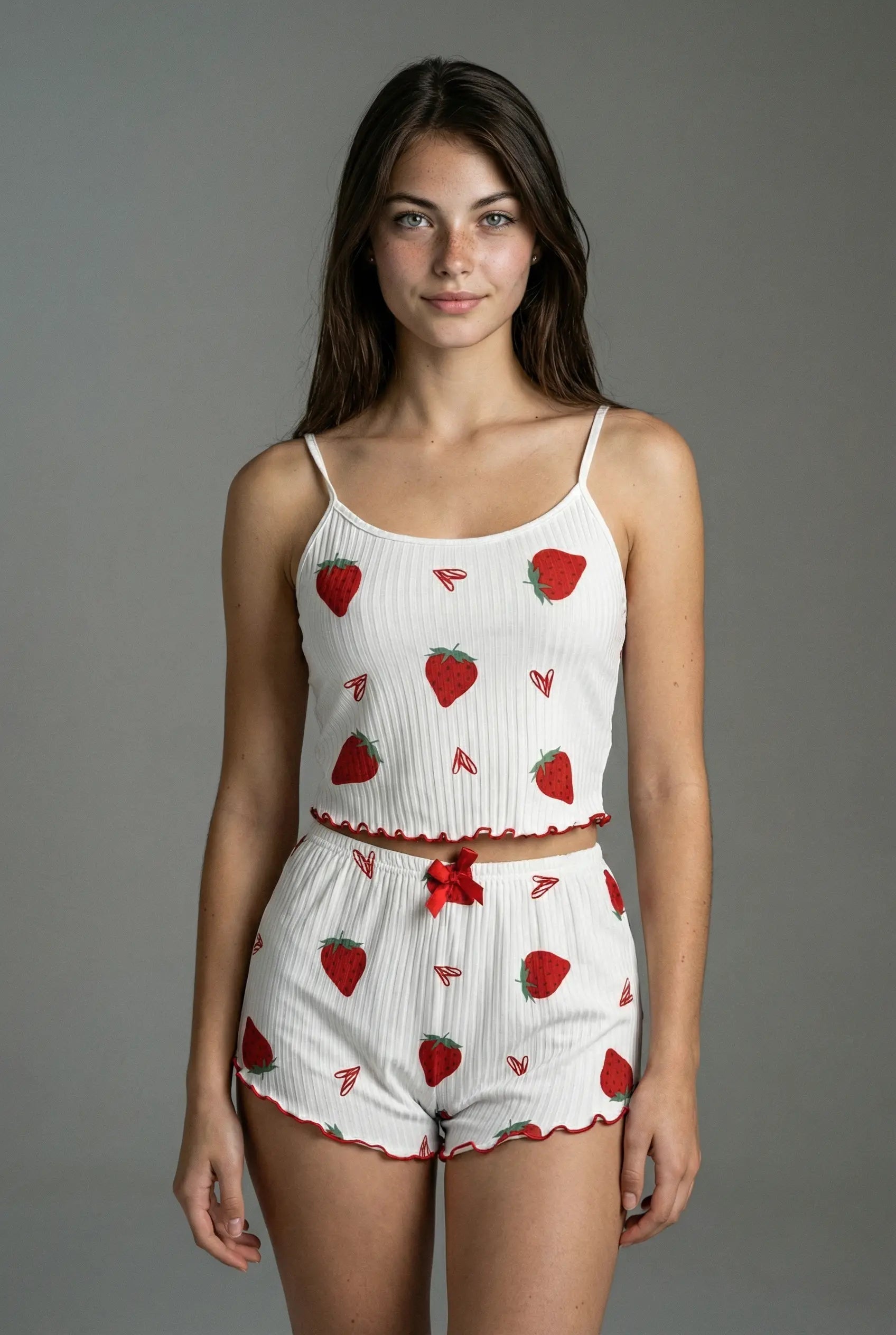 Geripptes Cami-Pyjama-Set | Weiss mit grossen Erdbeeren
