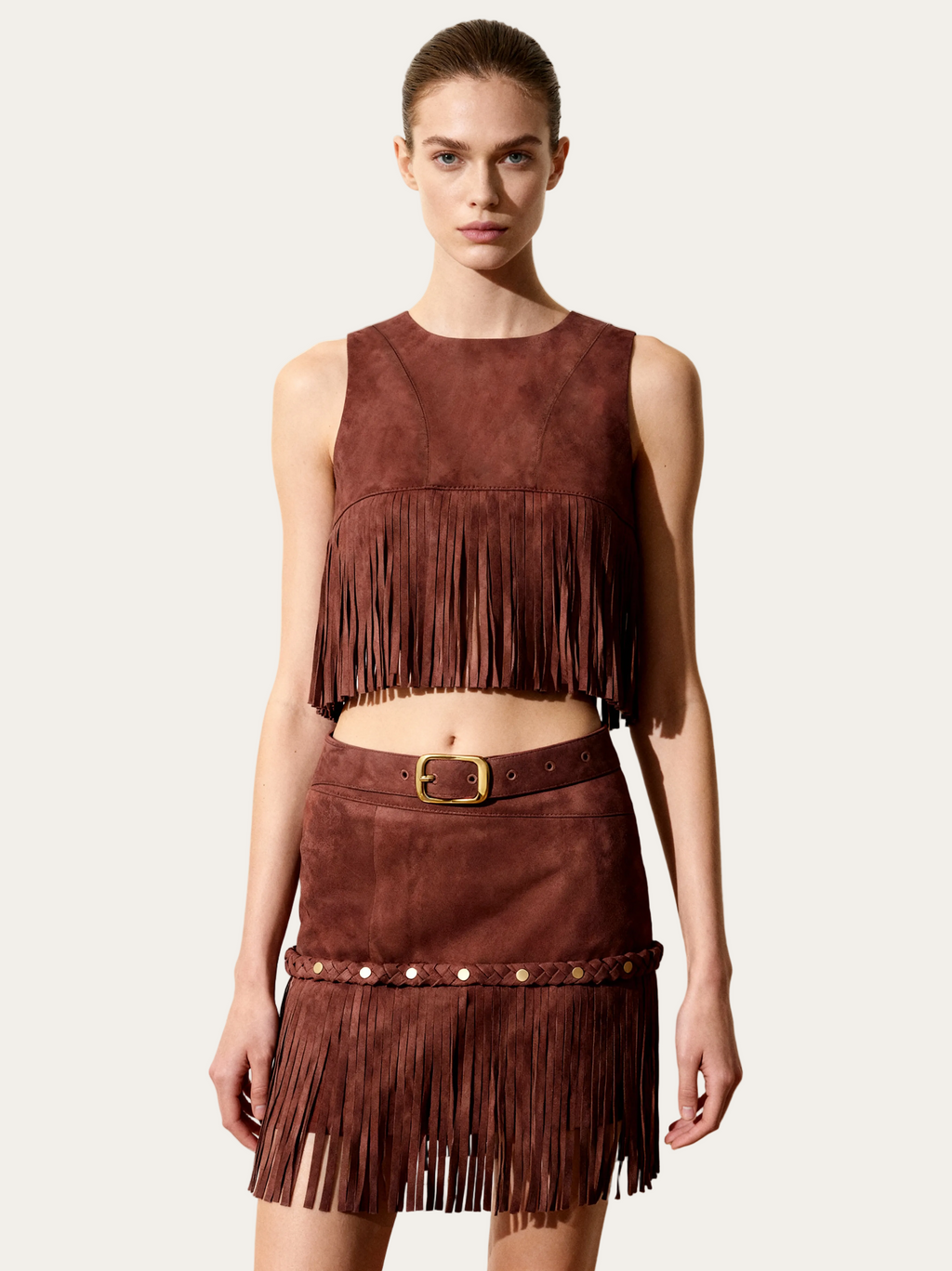 Selena™ | Halter-Top in Wildleder-Optik mit Fransen – Bordeaux