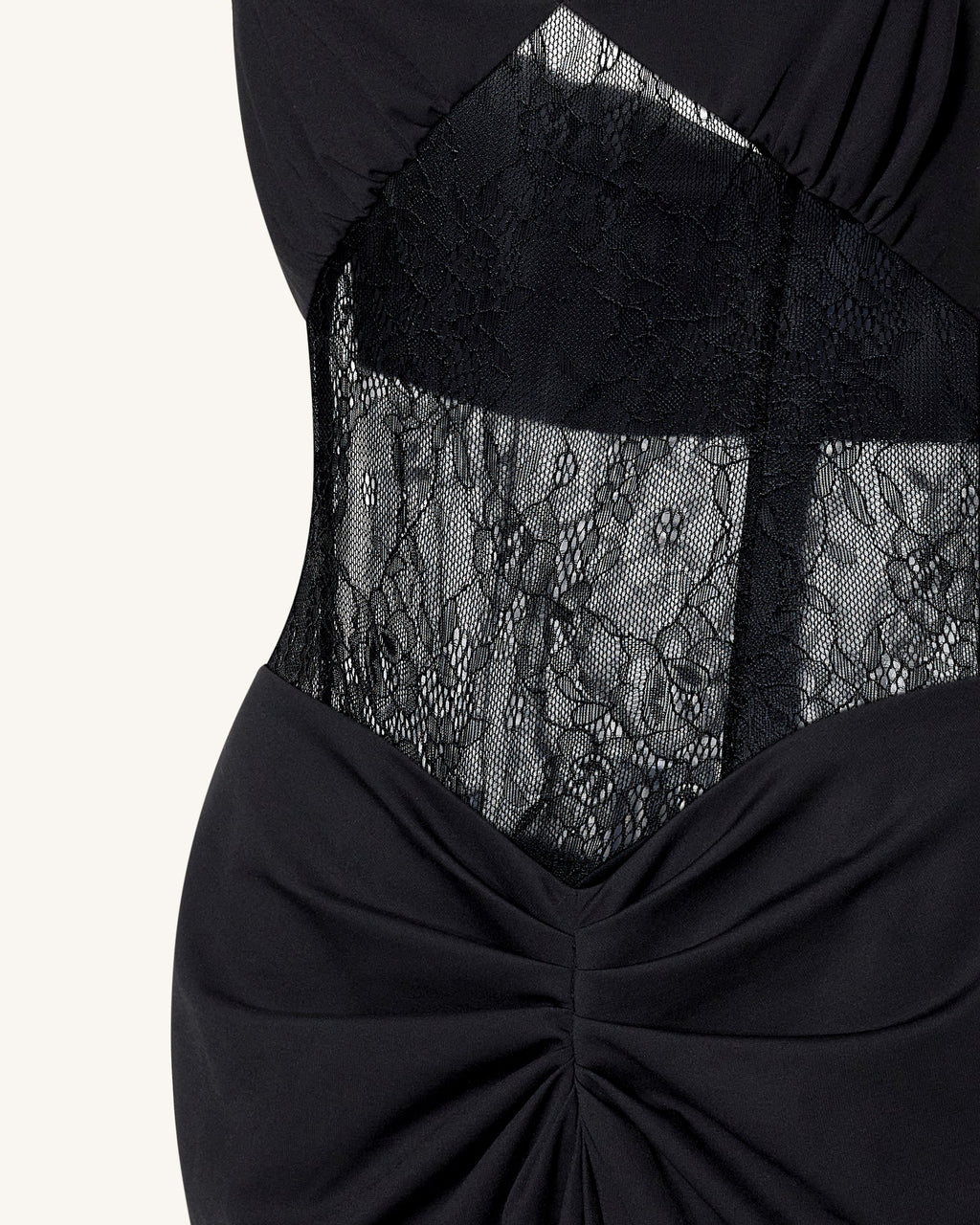 Elise™ | Maxikleid mit Raffung & Spitzenpanelen – Schwarz