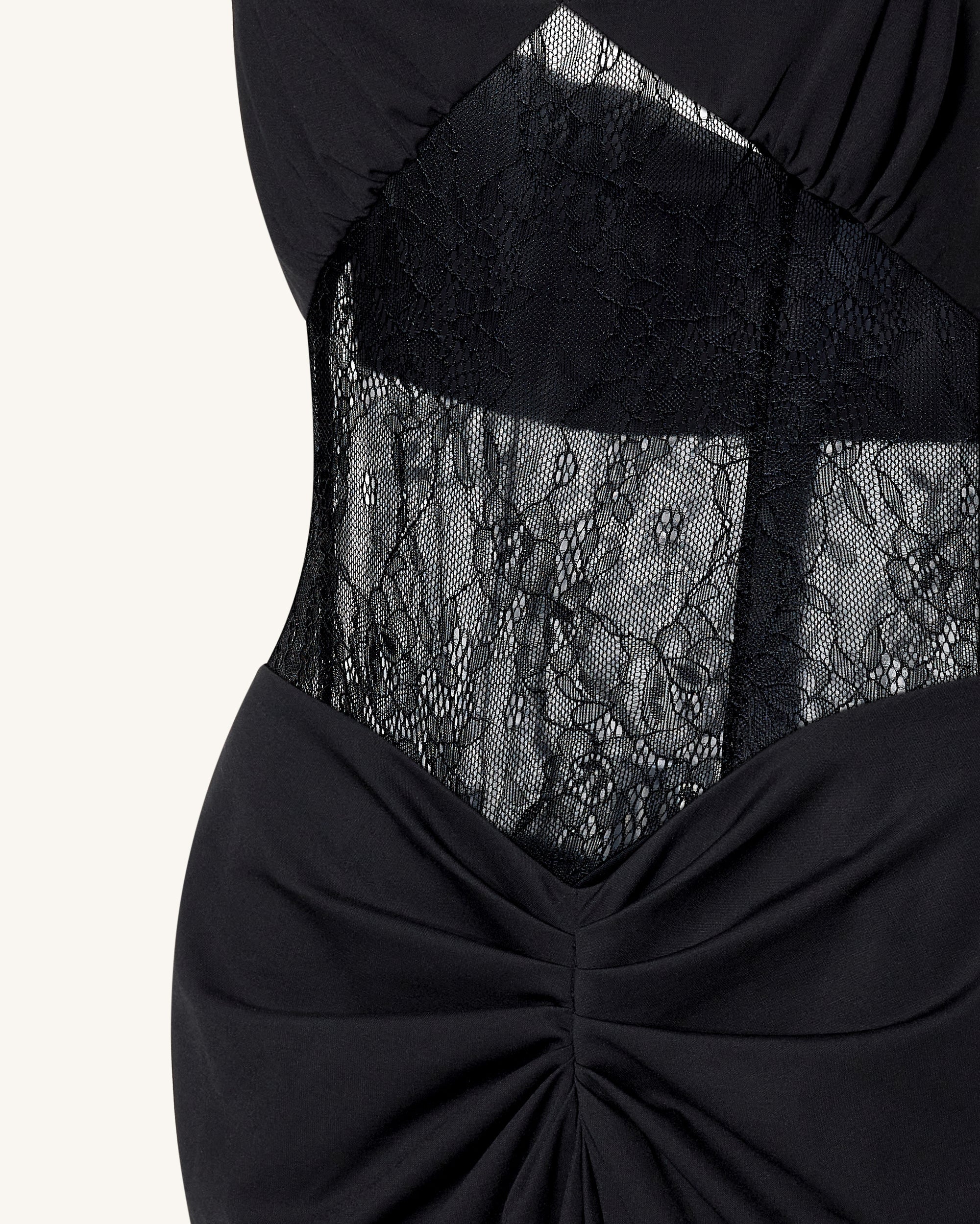 Elise™ | Maxikleid mit Raffung & Spitzenpanelen – Schwarz