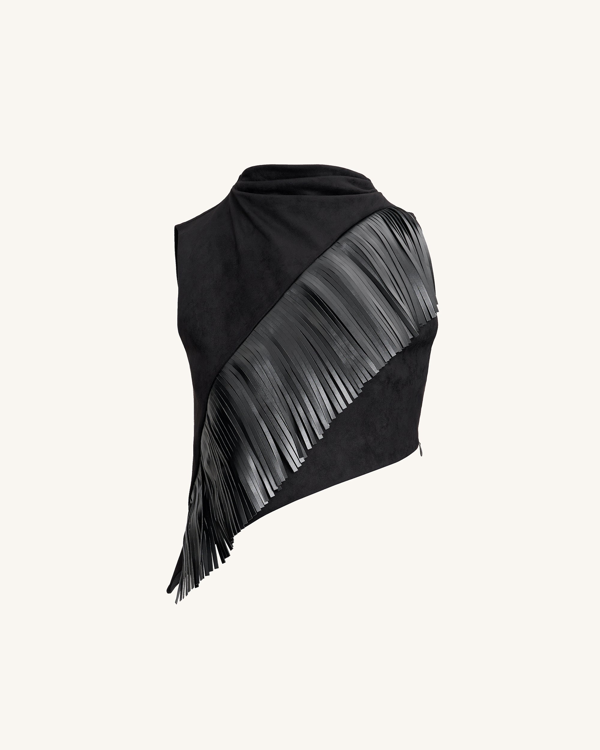 Adeline™ | Asymmetrisches Top mit Fransen in Velours-Optik – Schwarz