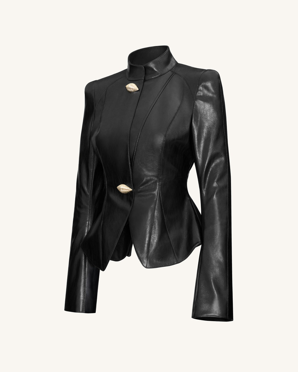 Autumn™ | Metallic-PU-Jacke mit Muschelknöpfen – Schwarz