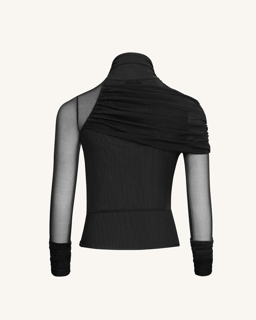 Ella™ | Elegantes Mesh-Top mit Raffung & Rollkragen – Schwarz
