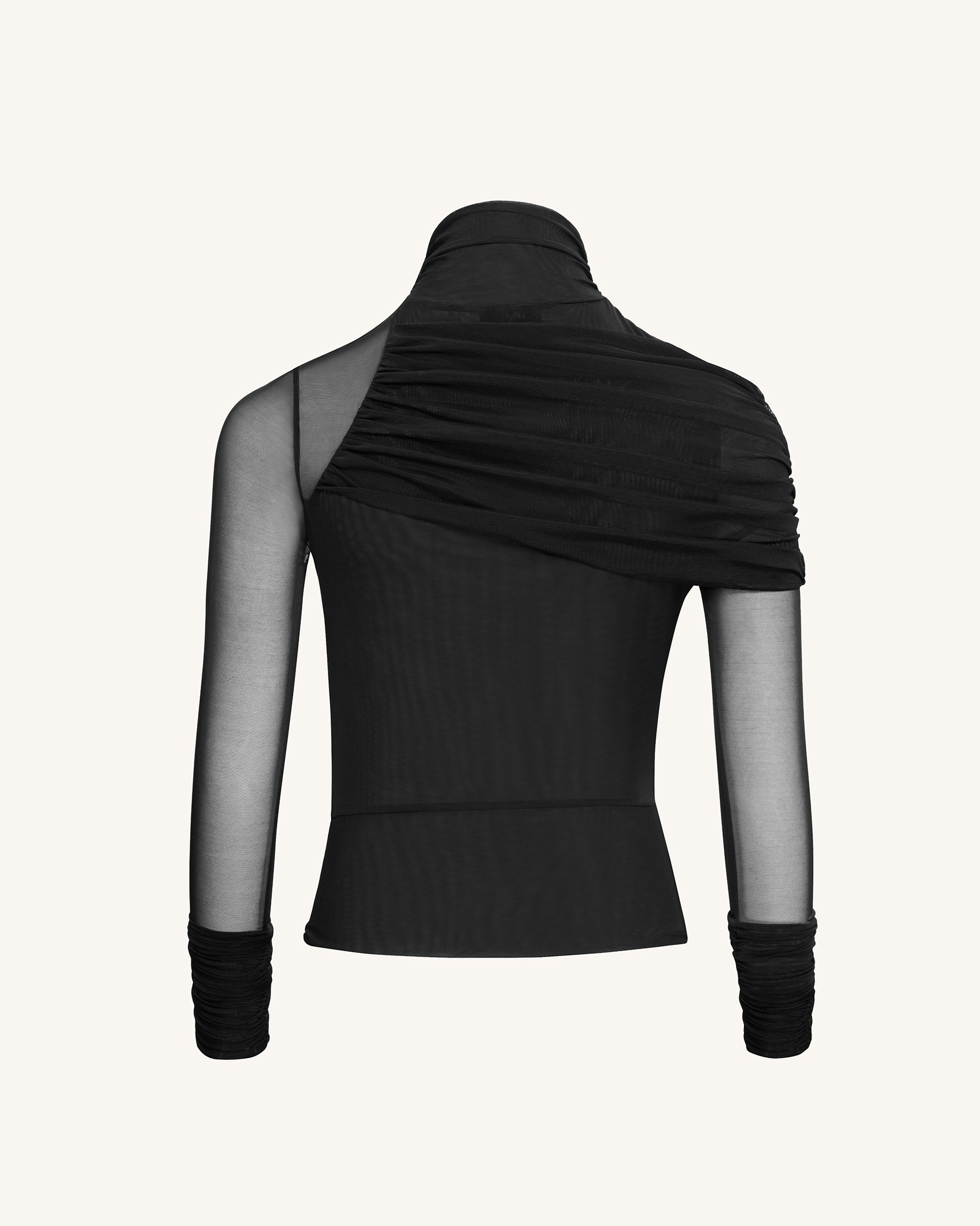Ella™ | Elegantes Mesh-Top mit Raffung & Rollkragen – Schwarz