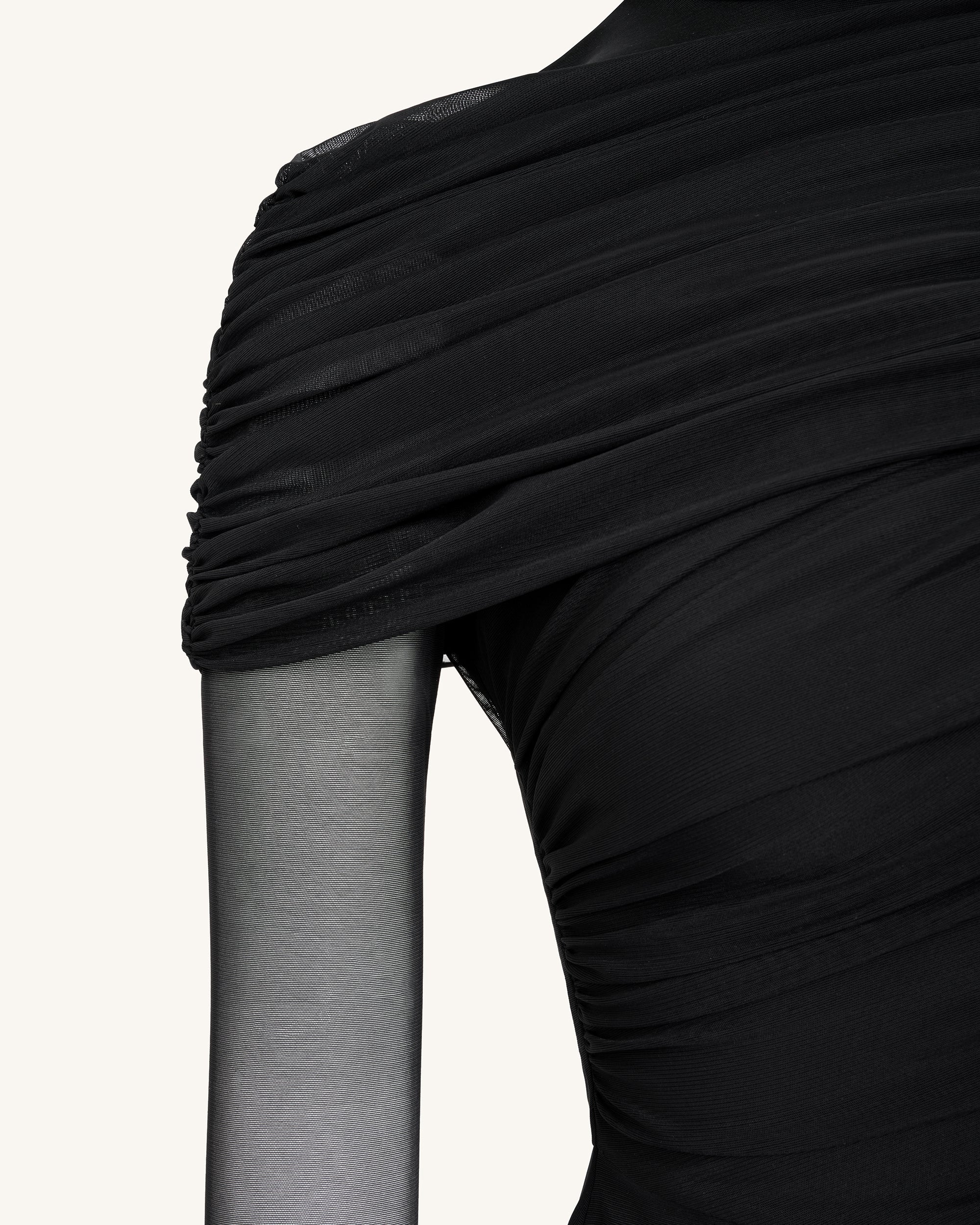 Ella™ | Elegantes Mesh-Top mit Raffung & Rollkragen – Schwarz