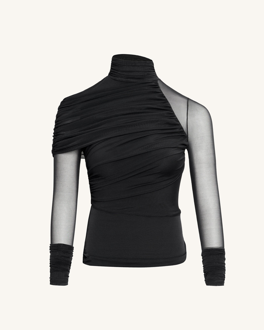Ella™ | Elegantes Mesh-Top mit Raffung & Rollkragen – Schwarz