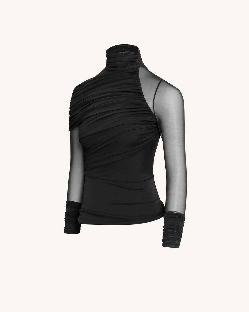 Ella™ | Elegantes Mesh-Top mit Raffung & Rollkragen – Schwarz