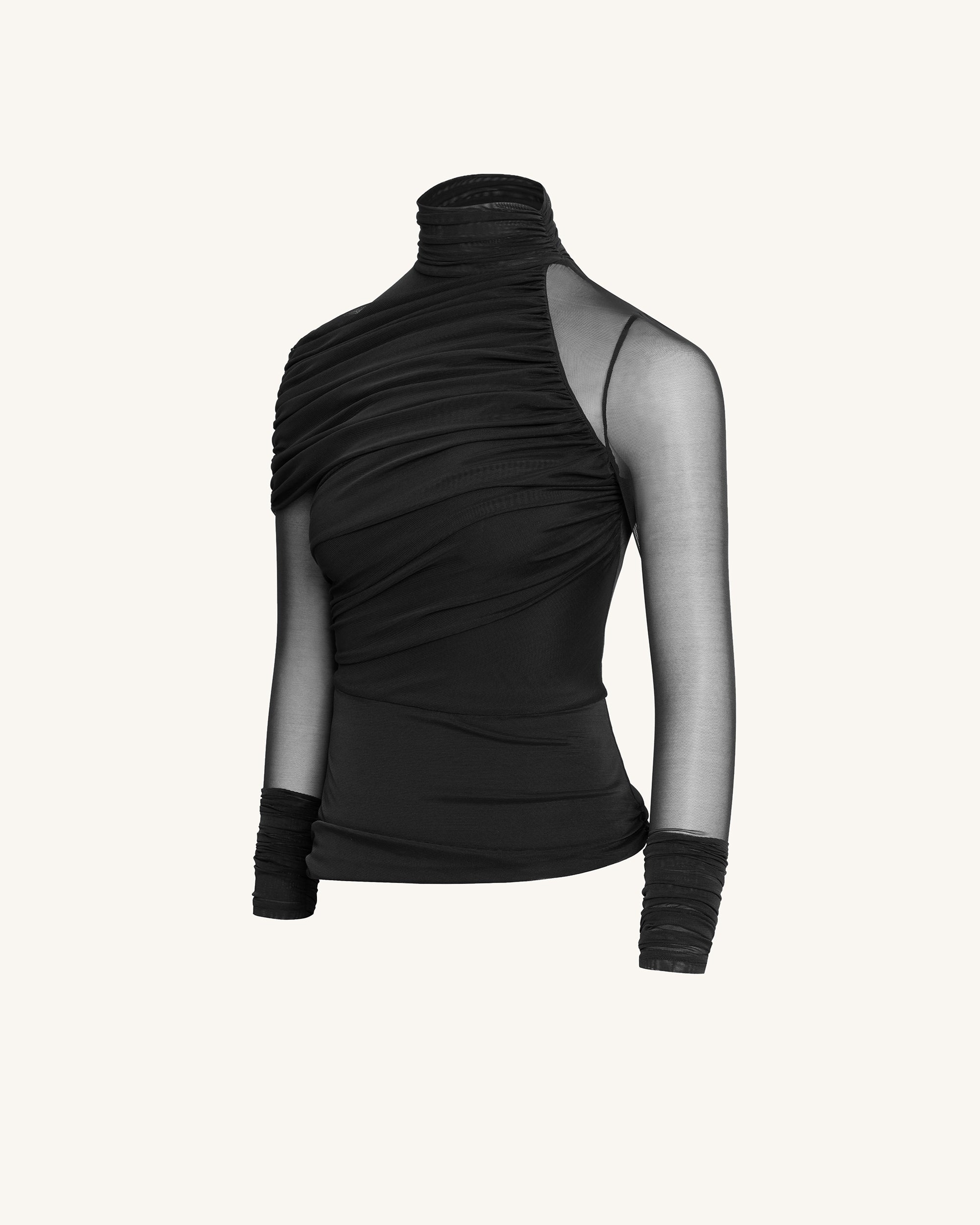 Ella™ | Elegantes Mesh-Top mit Raffung & Rollkragen – Schwarz