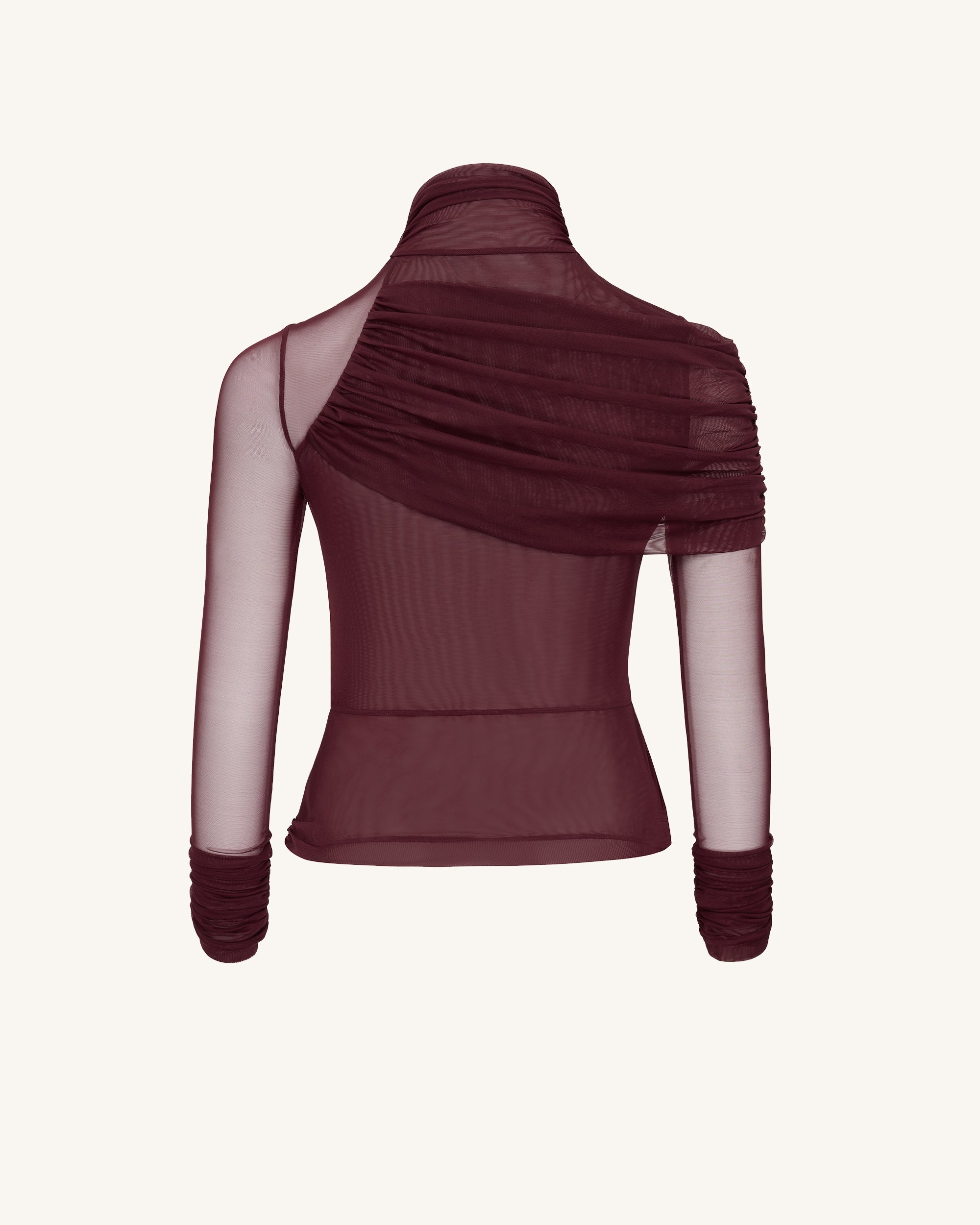 Ella™ | Elegantes Mesh-Top mit Raffung & Rollkragen – Weinrot