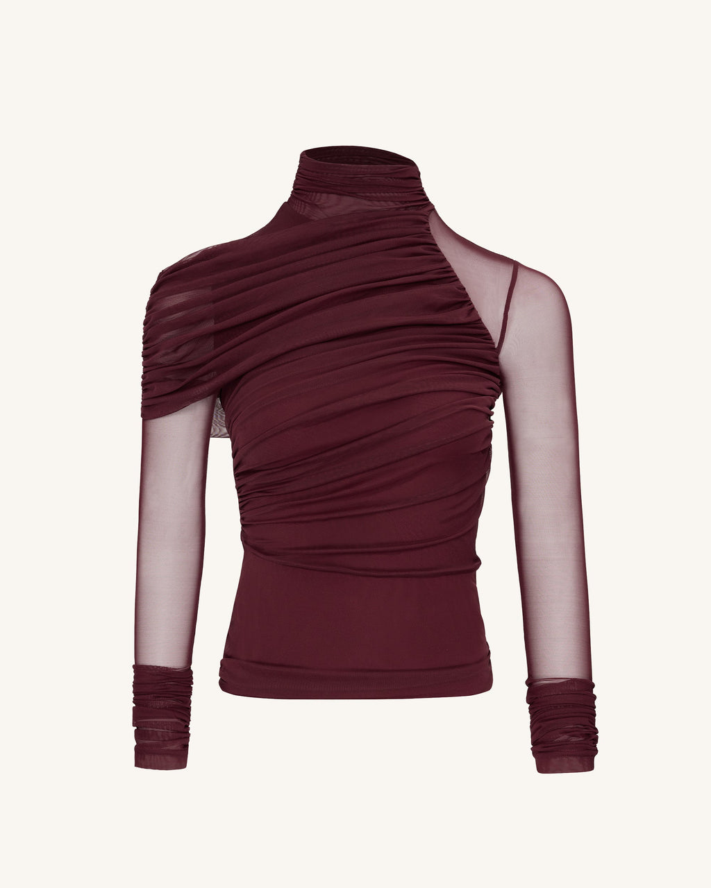 Ella™ | Elegantes Mesh-Top mit Raffung & Rollkragen – Weinrot