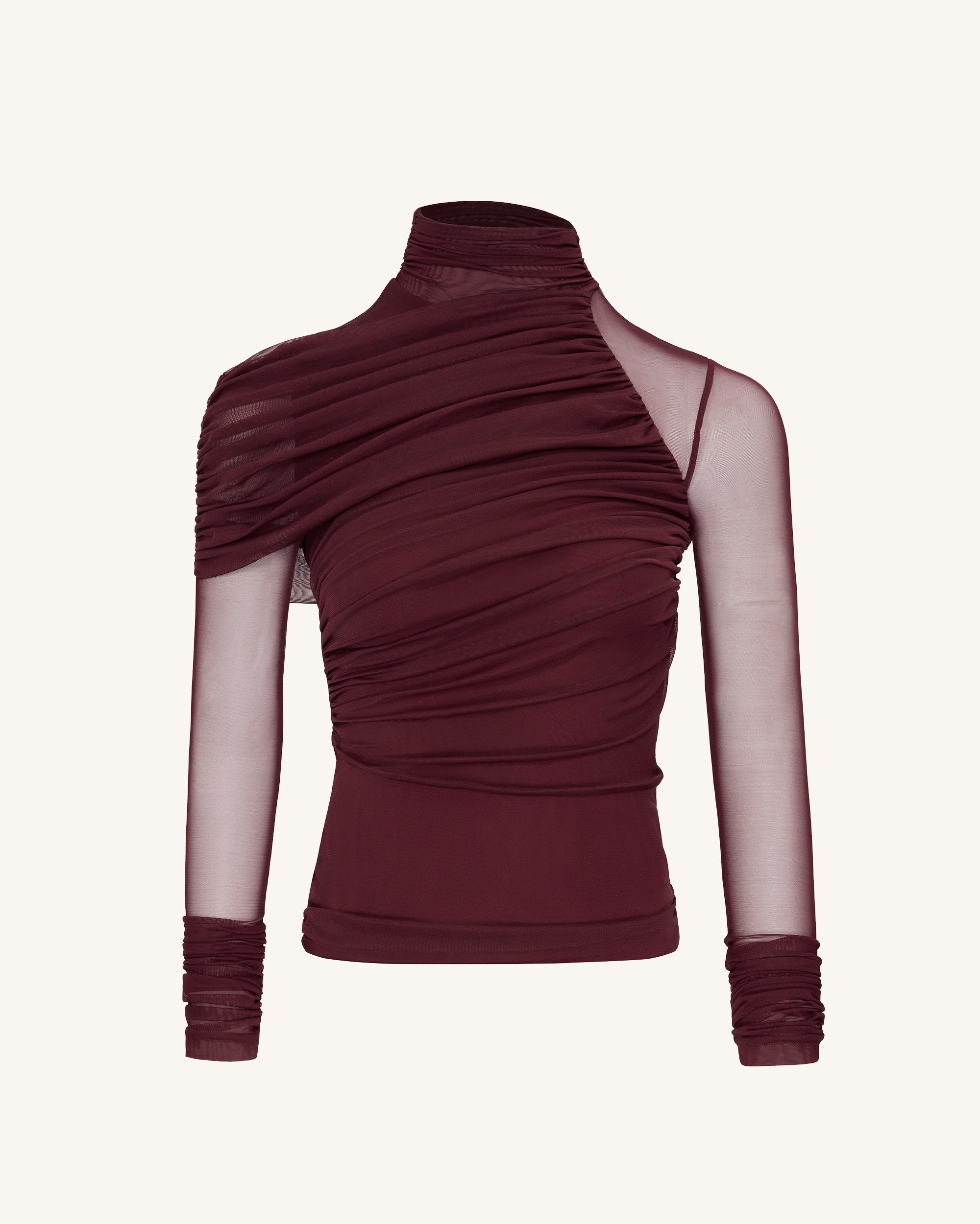 Ella™ | Elegantes Mesh-Top mit Raffung & Rollkragen – Weinrot