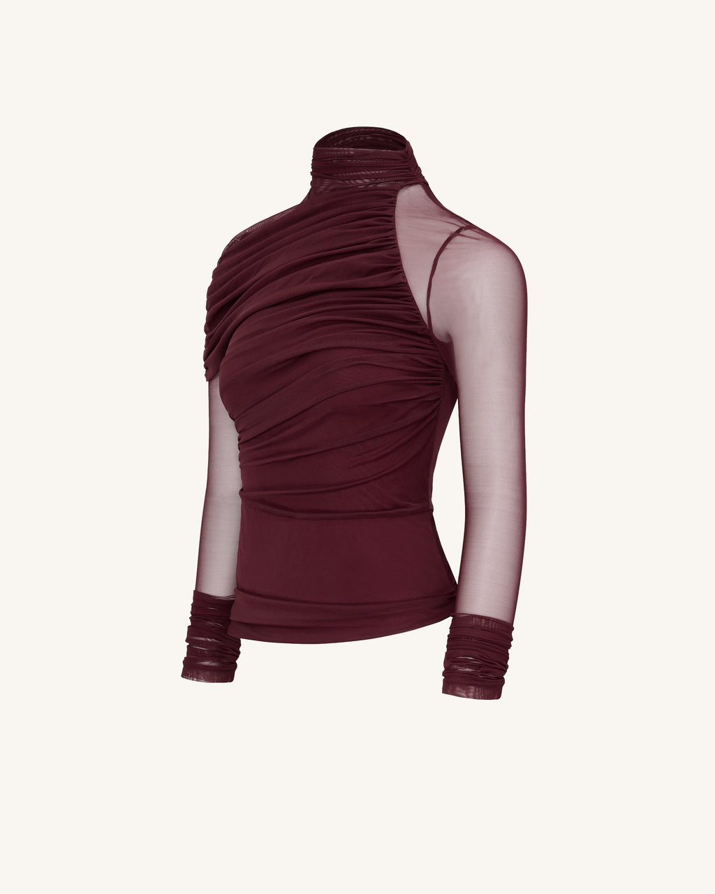 Ella™ | Elegantes Mesh-Top mit Raffung & Rollkragen – Weinrot
