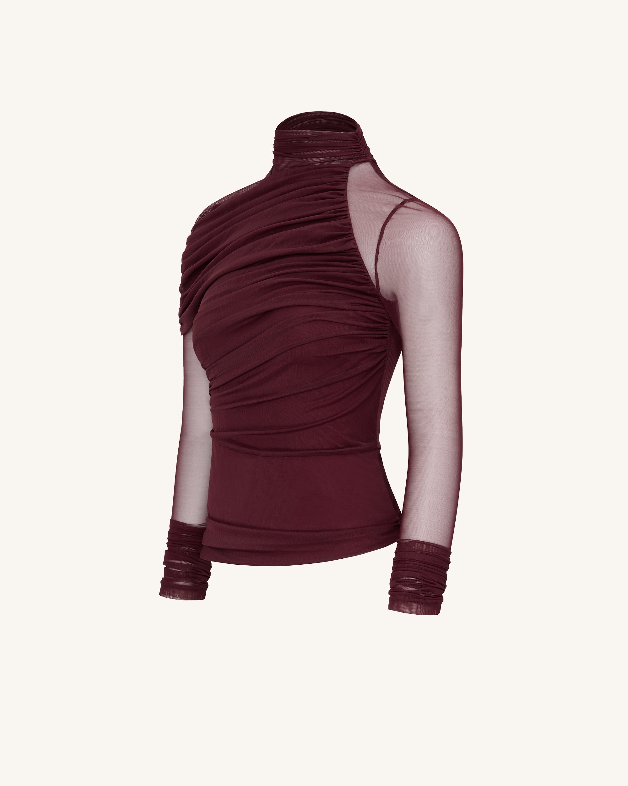 Ella™ | Elegantes Mesh-Top mit Raffung & Rollkragen – Weinrot