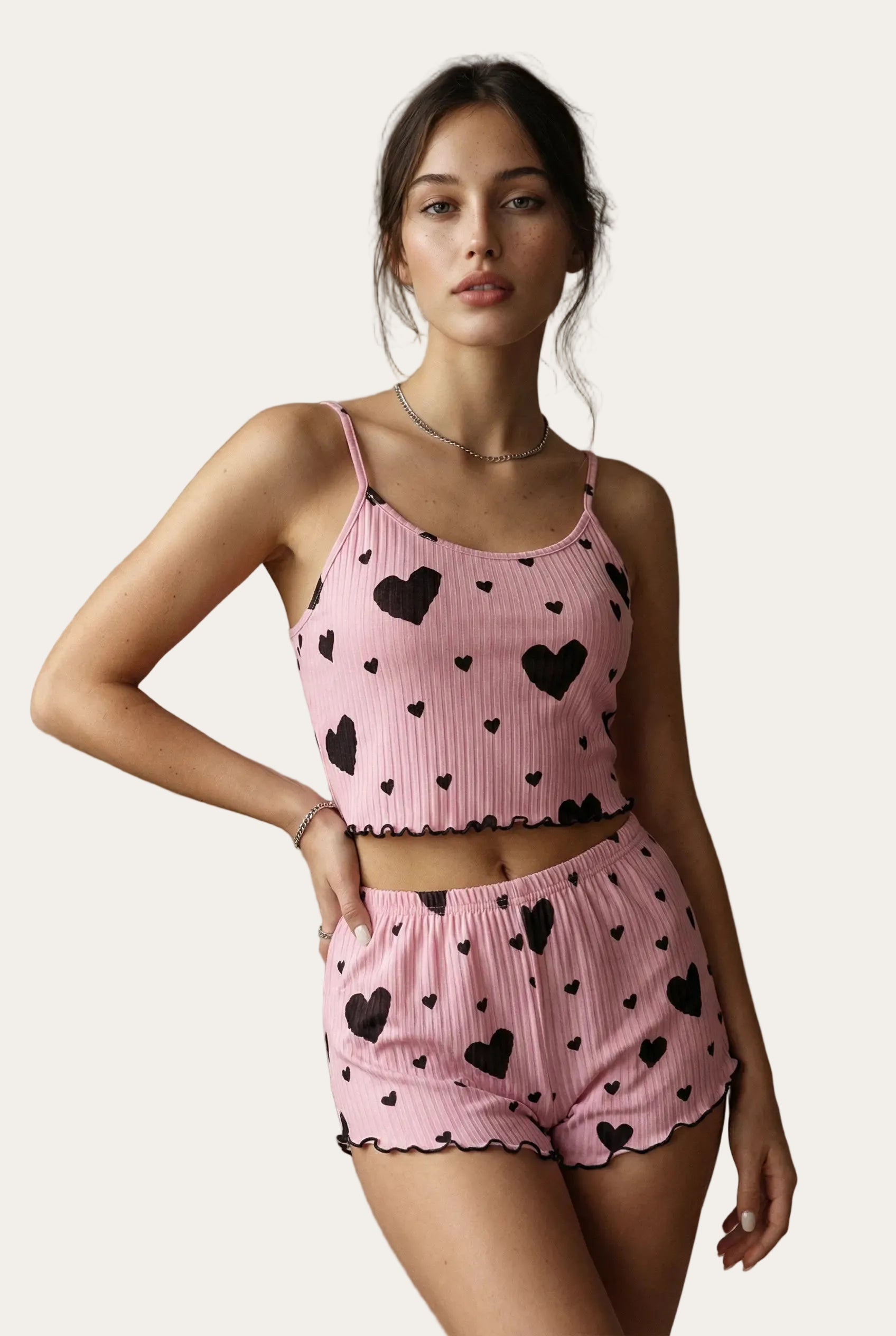 Geripptes Cami-Pyjama-Set | Rosa mit schwarzen Herzen