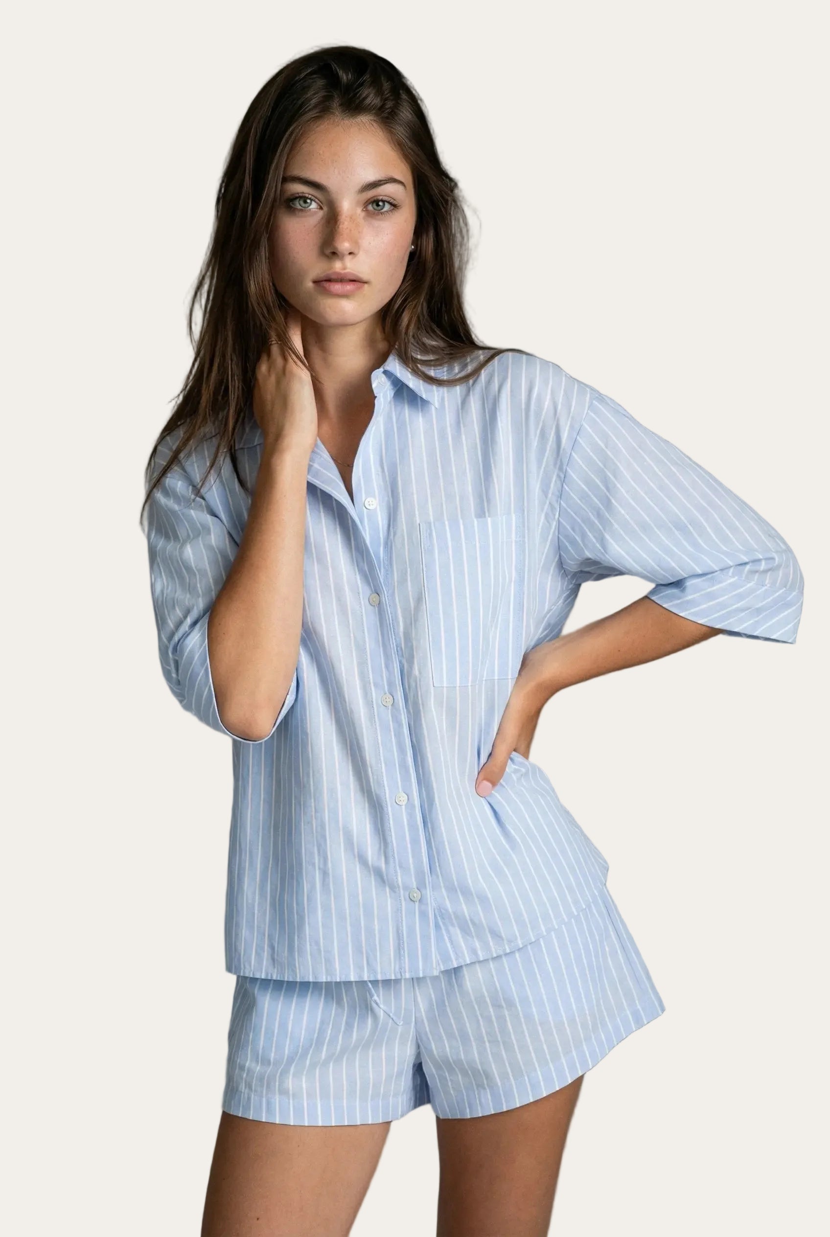 Kurzarm-Streifen-Pyjama-Set™ | Hellblau