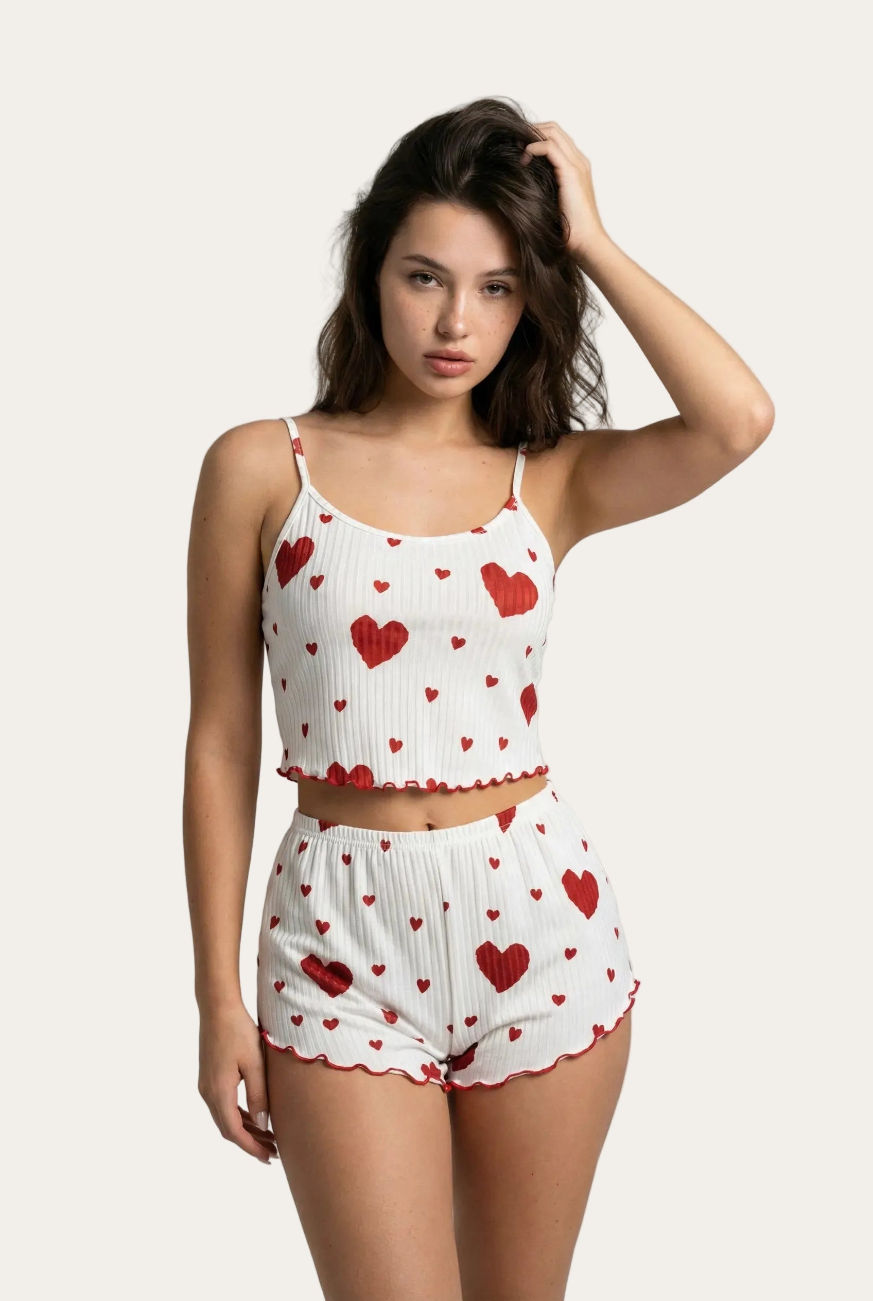 Geripptes Cami-Pyjama-Set | Grosse rote Herzen