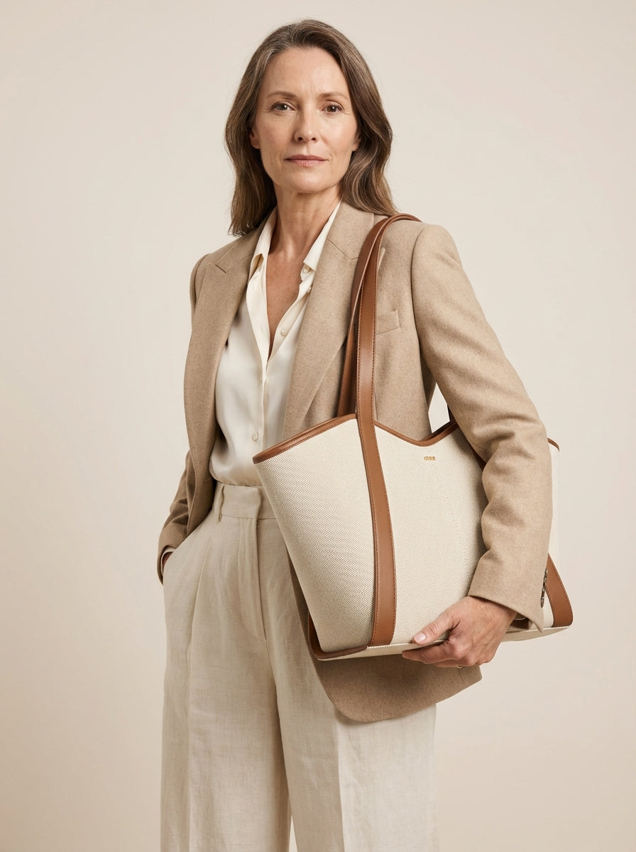 Seraphina™ | Geräumige Tote Bag aus Kunstwildleder Weiss / Hellbraun